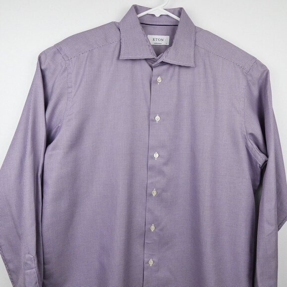 Eton Mens Button Up Dress Shirt Lavender White Check Long Sleeve Size 17 Twill - Picture 3 of 15